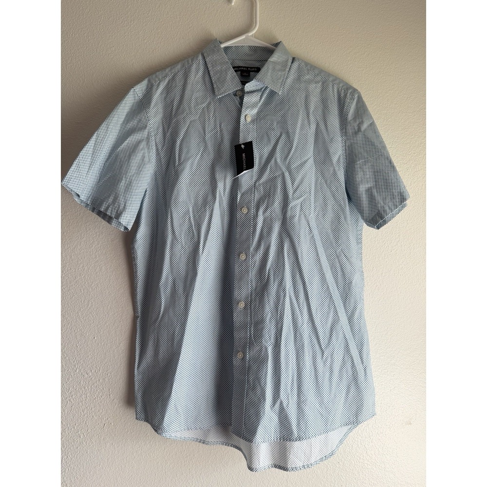 NEW‎ Men MICHAEL KORS Blue Geo Stretch Short Sleeve Button Up Shirt SZ Medium